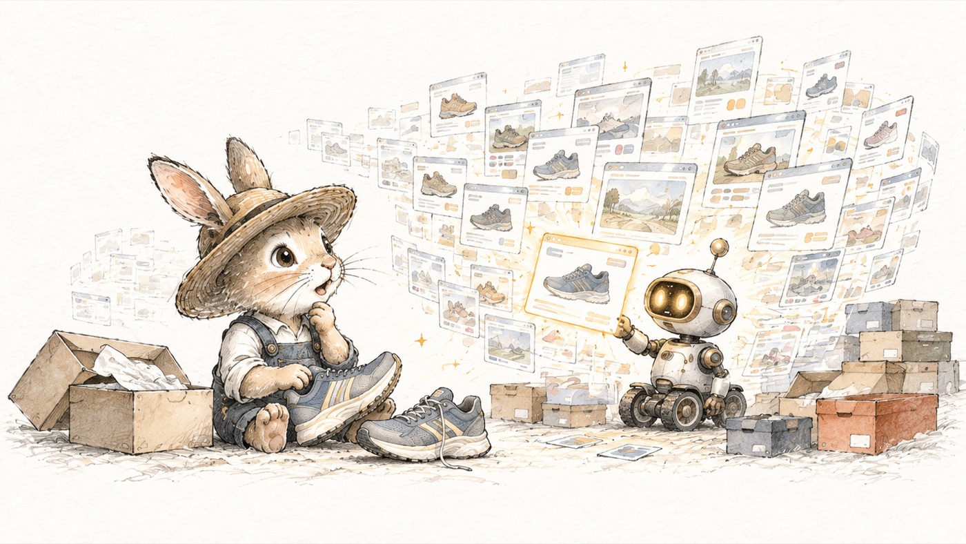 A rabbit examines running shoes while a small helper sorts through many sources.