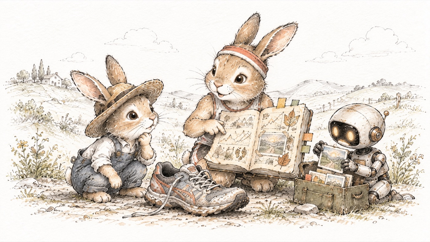 A rabbit runner shares observations about a well-worn shoe with a rabbit shopper and a small helper.