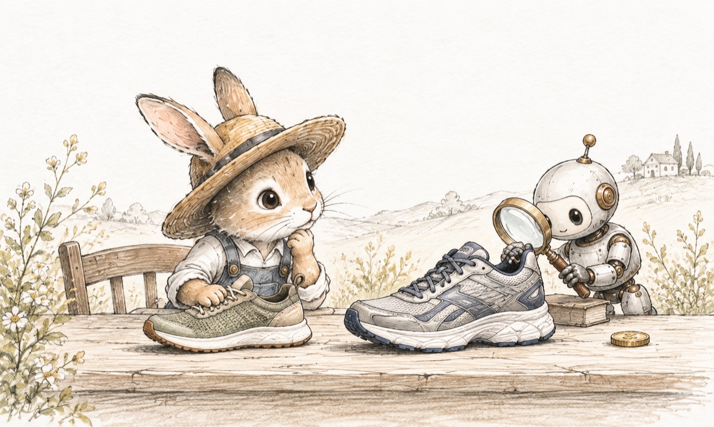 A rabbit considers several running shoes while a small helper gives each one a fair inspection.