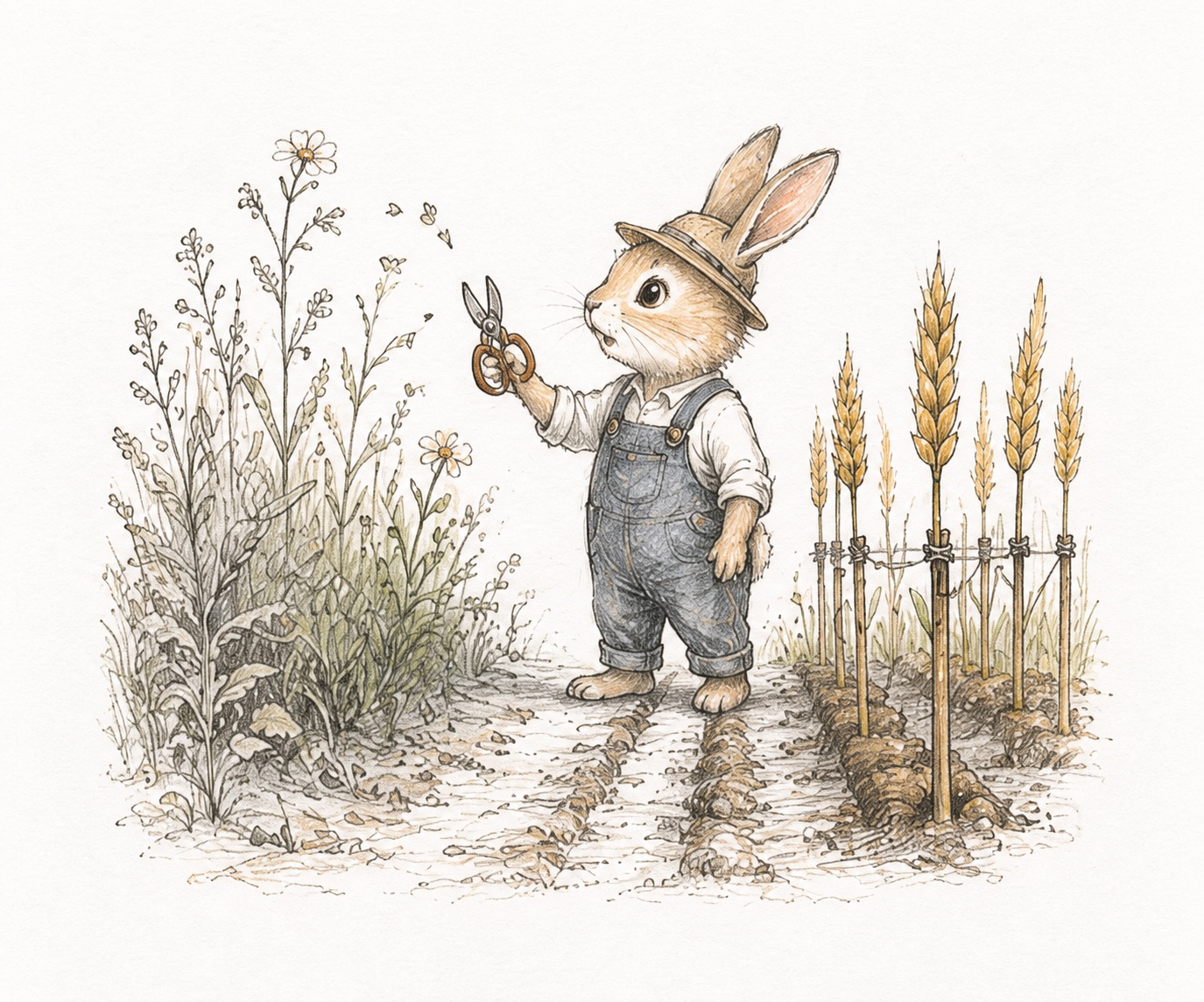 A rabbit farmer selecting between wild plants and a carefully cultivated row of wheat.