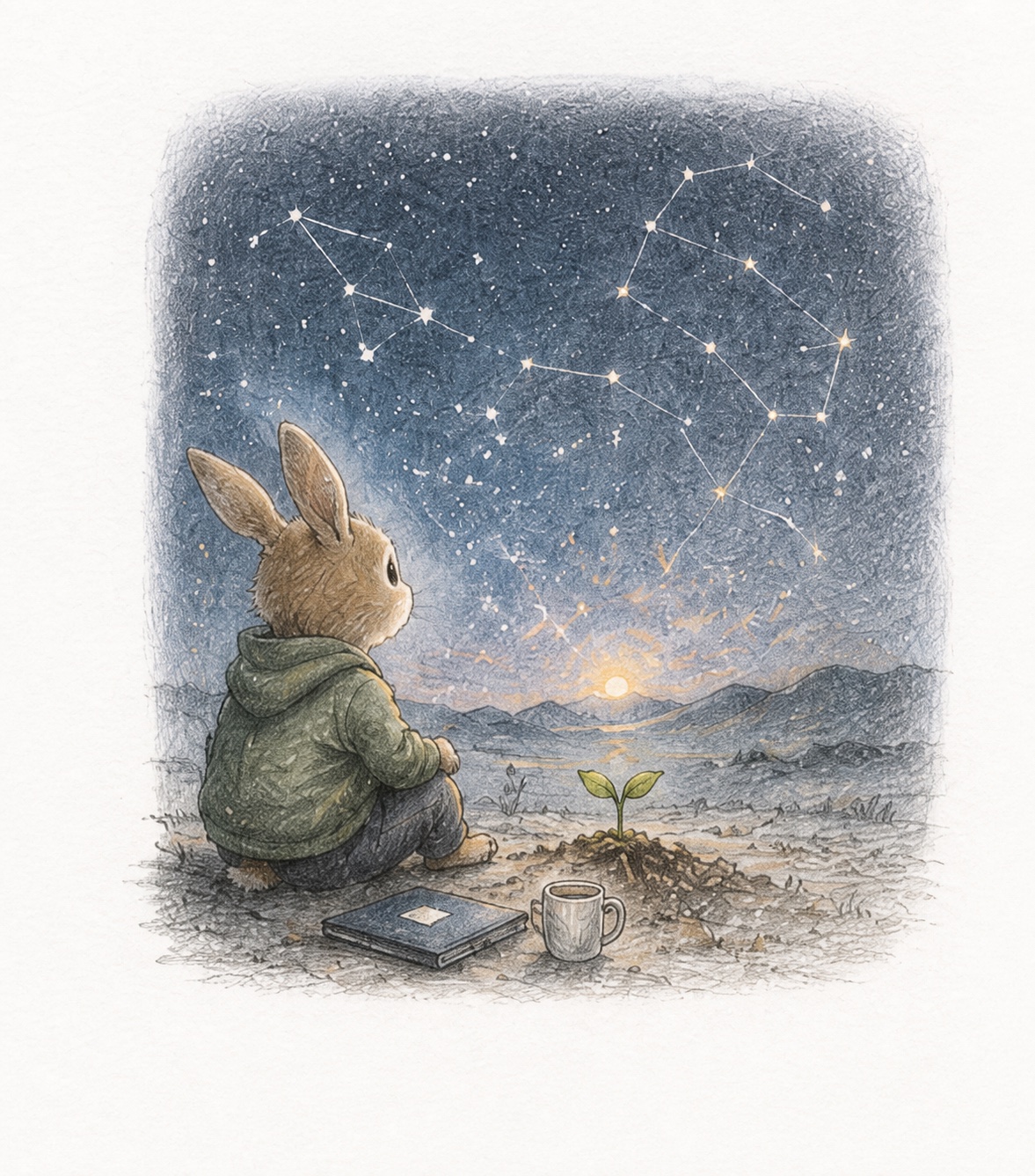 A rabbit beside a seedling looking into a star-filled sky traced with constellations.